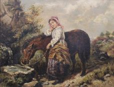 19TH CENTURY SCHOOL, A Girl and Her Horse at the Watering Hole, oil on canvas, framed. 44.5 x 34.