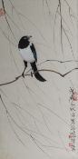 A Chinese watercolour of an Oriental Magpie, framed and glazed. 43.5 x 92 cm overall.