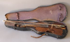 A cased violin and bow. The violin 55 cm long.