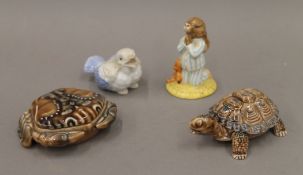 A Bedtime Bunnykins figurine, a Wade tortoise, a Wade crab and a porcelain bird.