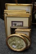 A quantity of gilt framed prints and a watercolour.