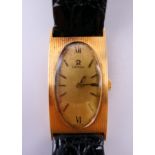 A 14 K gold Omega wristwatch. 2 cm wide. 23.2 grammes total weight.