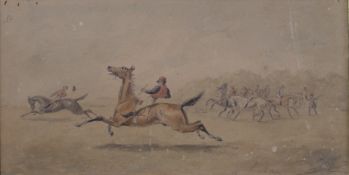 19TH CENTURY SCHOOL, Horse Racing Study, watercolour, unsigned, framed. 24 x 12 cm.