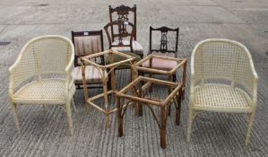 A quantity of miscellaneous chairs and three bamboo conservatory tables.