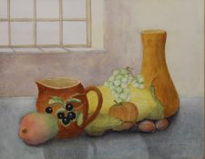 STAN MAWBY, Still Life of a Jug, Vase and Fruit, watercolour, signed, framed and glazed. 47 x 37 cm.