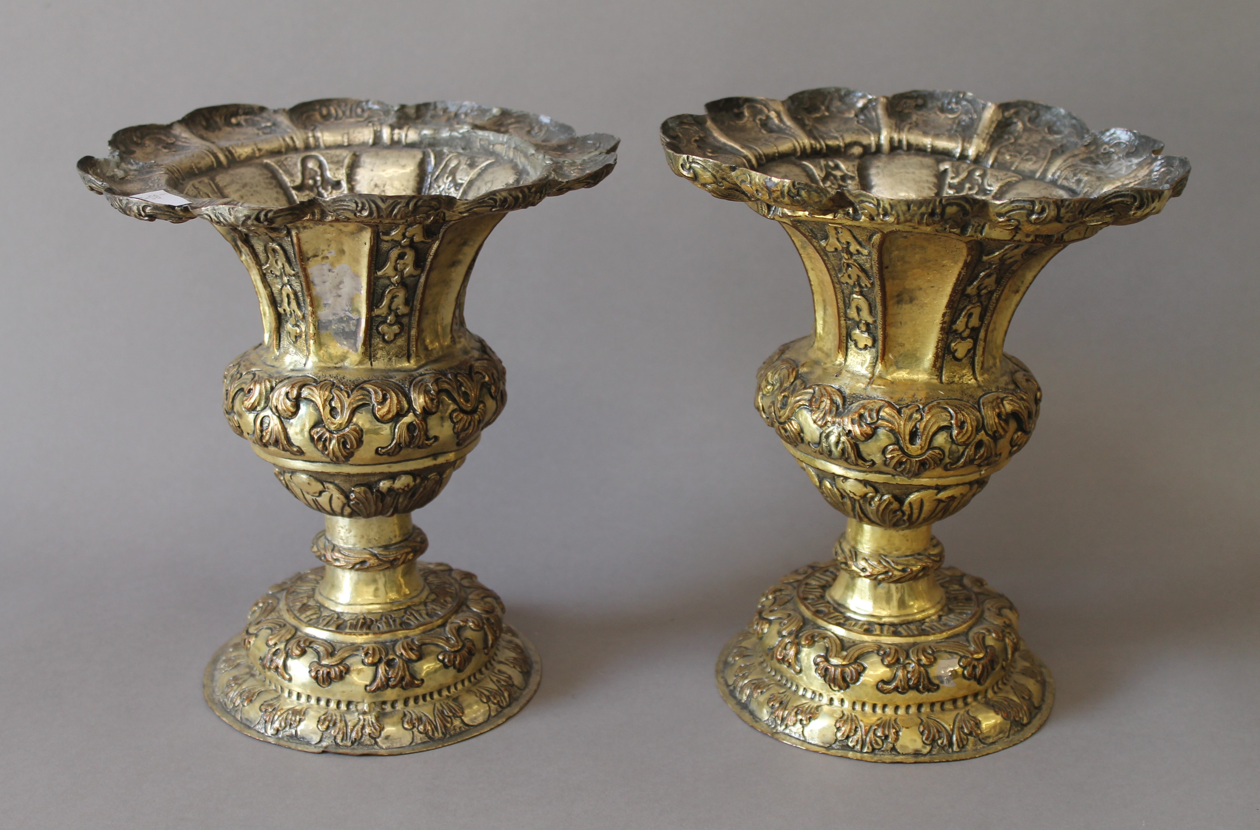 A pair of 19th century gilt copper chalices. 21 cm high.