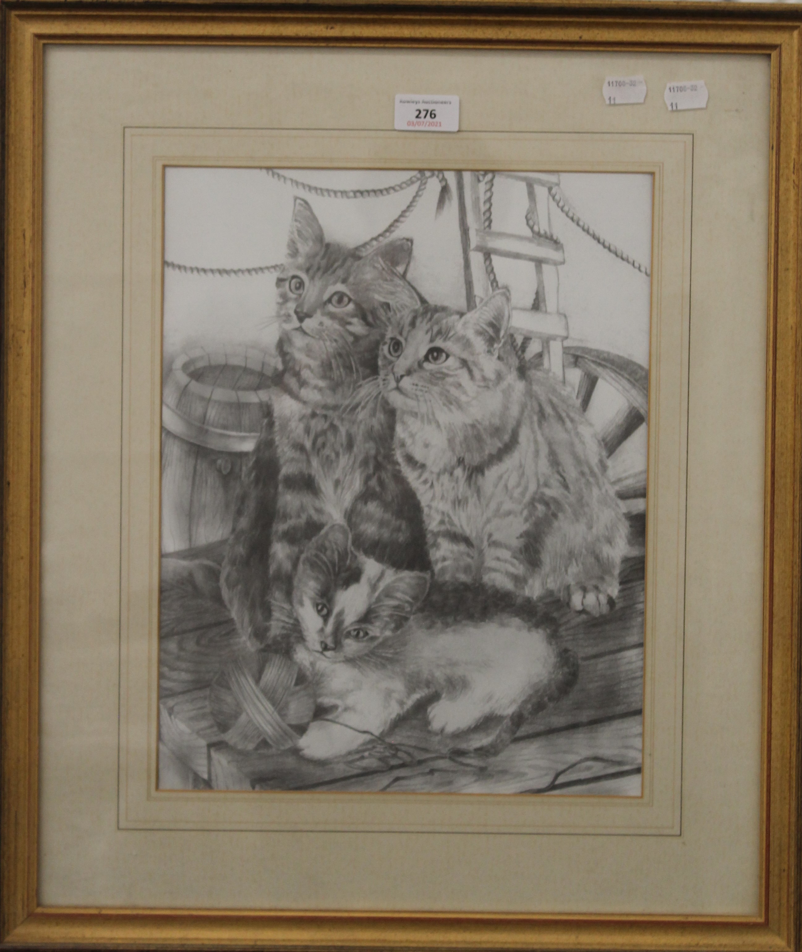 Three Cats, monochrome wash, unsigned, framed and glazed. 29 x 37 cm. - Image 2 of 2