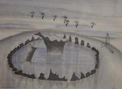 ANN HALES, World Upside Down, watercolour, signed, framed and glazed. 47.5 x 34.5 cm.