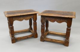 A pair of oak joint stools. Each 52.5 cm wide.