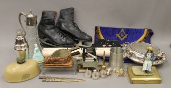 A quantity of miscellaneous items, including ice skates, metalware, bead work handbag, etc.