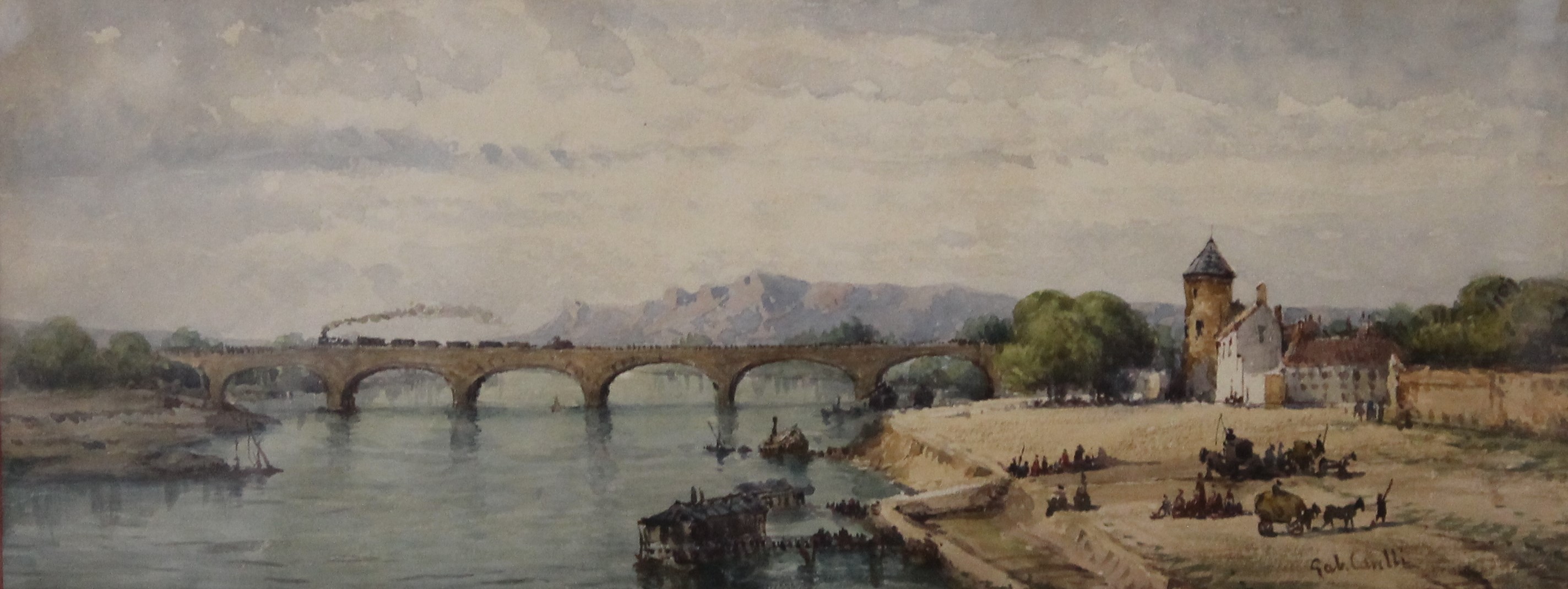 GABRIEL CARELLI (1821-1900) Italian, Bridge Over a River, watercolour, signed, framed and glazed.