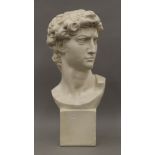 A painted plaster bust of a classical figure. 58 cm high.