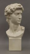 A painted plaster bust of a classical figure. 58 cm high.