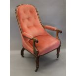 A 19th century upholstered mahogany open armchair. 60 cm wide.