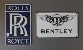 A Bentley sign and a Rolls Royce sign. 29.5 x 18.5 cm and 28.5 x 18 cm respectively.