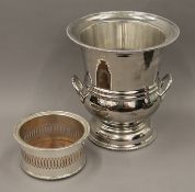 A silver plated wine cooler and a coaster. The former 25.5 cm high.