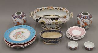 A box of 19th century and later ceramics pieces, including an Ironstone tureen, etc.