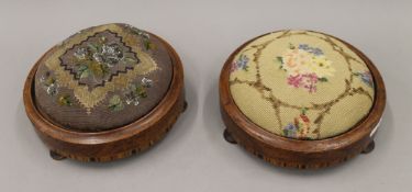 Two Victorian parquetry inlaid walnut foot stools. Each 28 cm diameter.