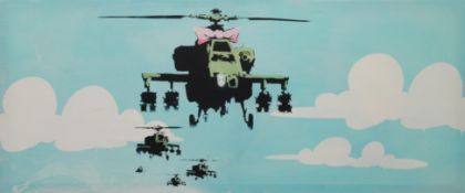 After BANKSY (20th/21st century), Happy Chopper, print on canvas, unframed. 122 x 51 cm.