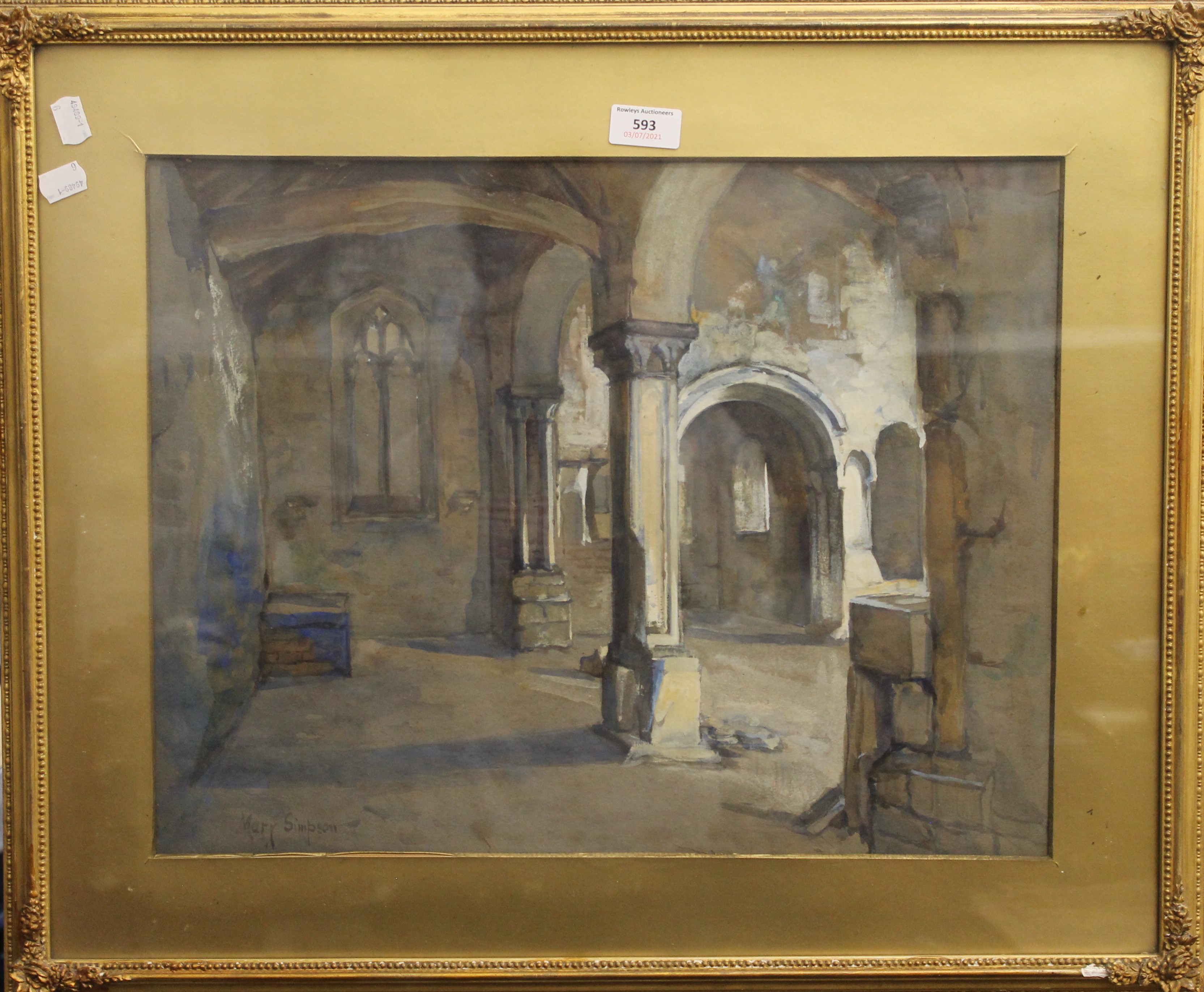 MARY SIMPSON, Gothic Cellar, watercolour, signed, framed and glazed. 49.5 x 38 cm. - Image 2 of 2