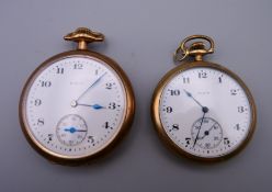 Two Elgin pocket watches. The largest 5 cm diameter.