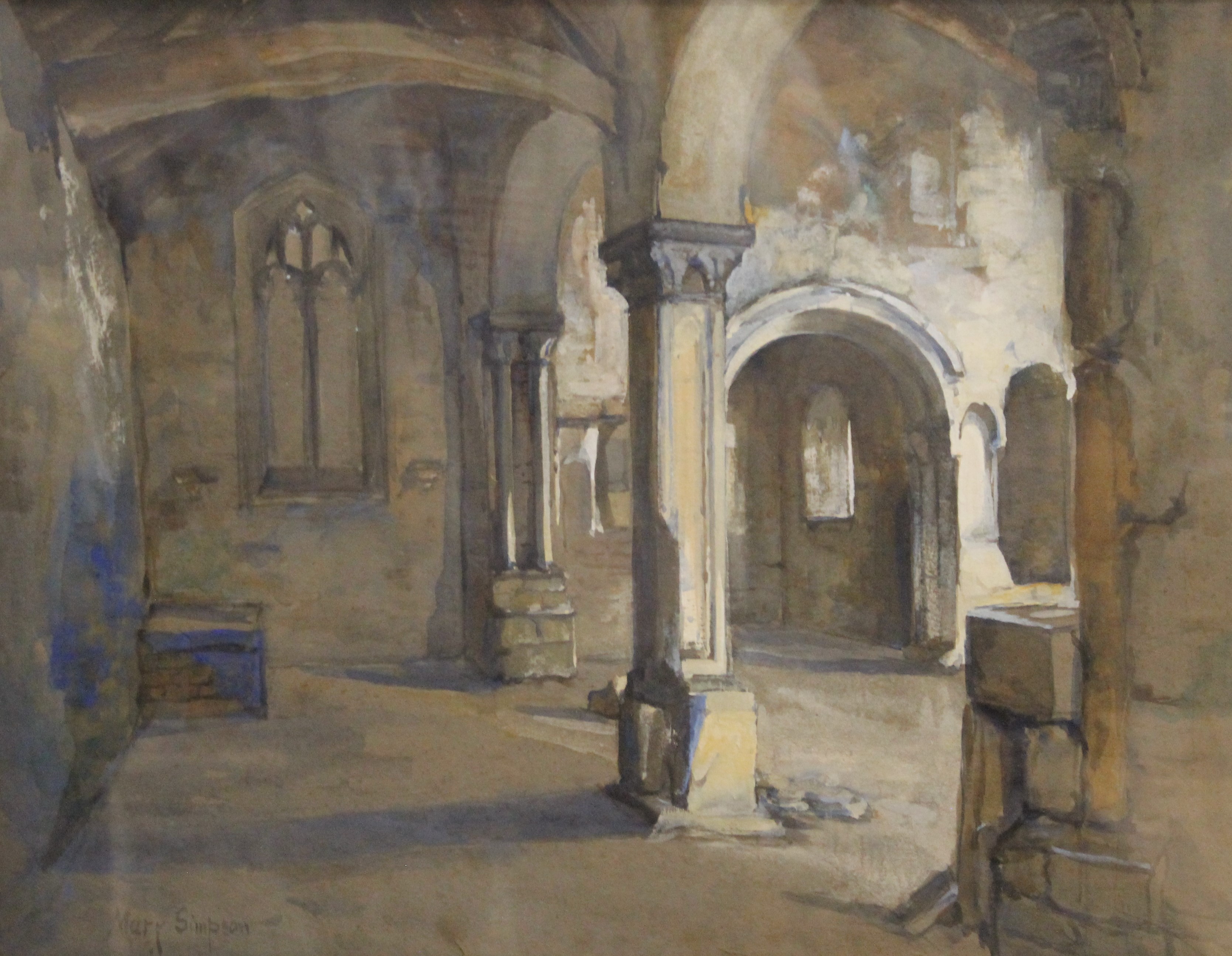 MARY SIMPSON, Gothic Cellar, watercolour, signed, framed and glazed. 49.5 x 38 cm.