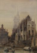 W SEARLE (19th century), Caen Cathedral, Normandy, watercolour, signed and dated 1880,