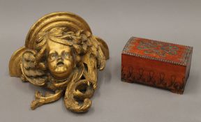 A gilt wall bracket and a carved box. The former 24 cm wide.