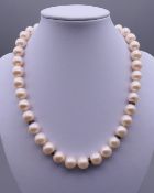 A string of pearls with diamond set spacers and an 18 ct white gold clasp. 41 cm long.