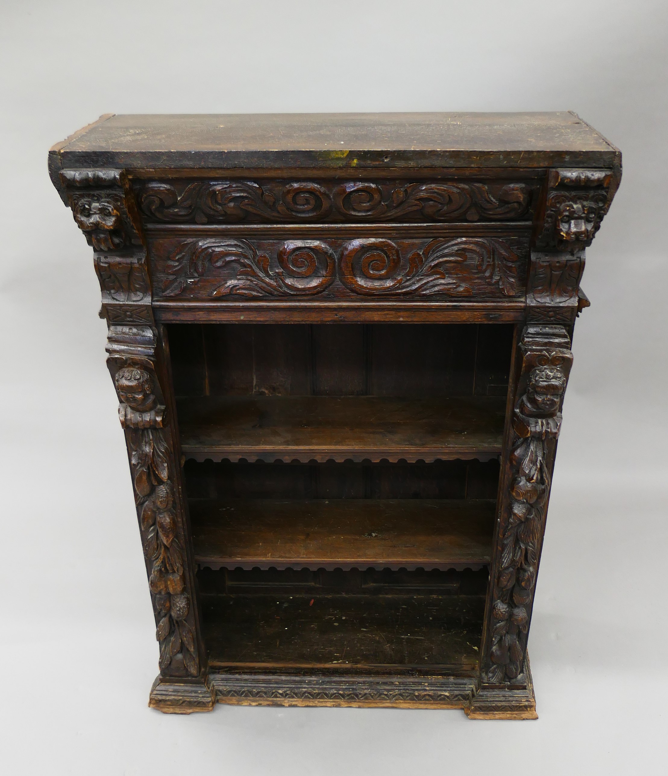 A 19th century oak bookcase carved with figures and foliage. 69.5 cm wide. - Image 2 of 13