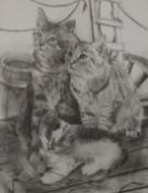 Three Cats, monochrome wash, unsigned, framed and glazed. 29 x 37 cm.