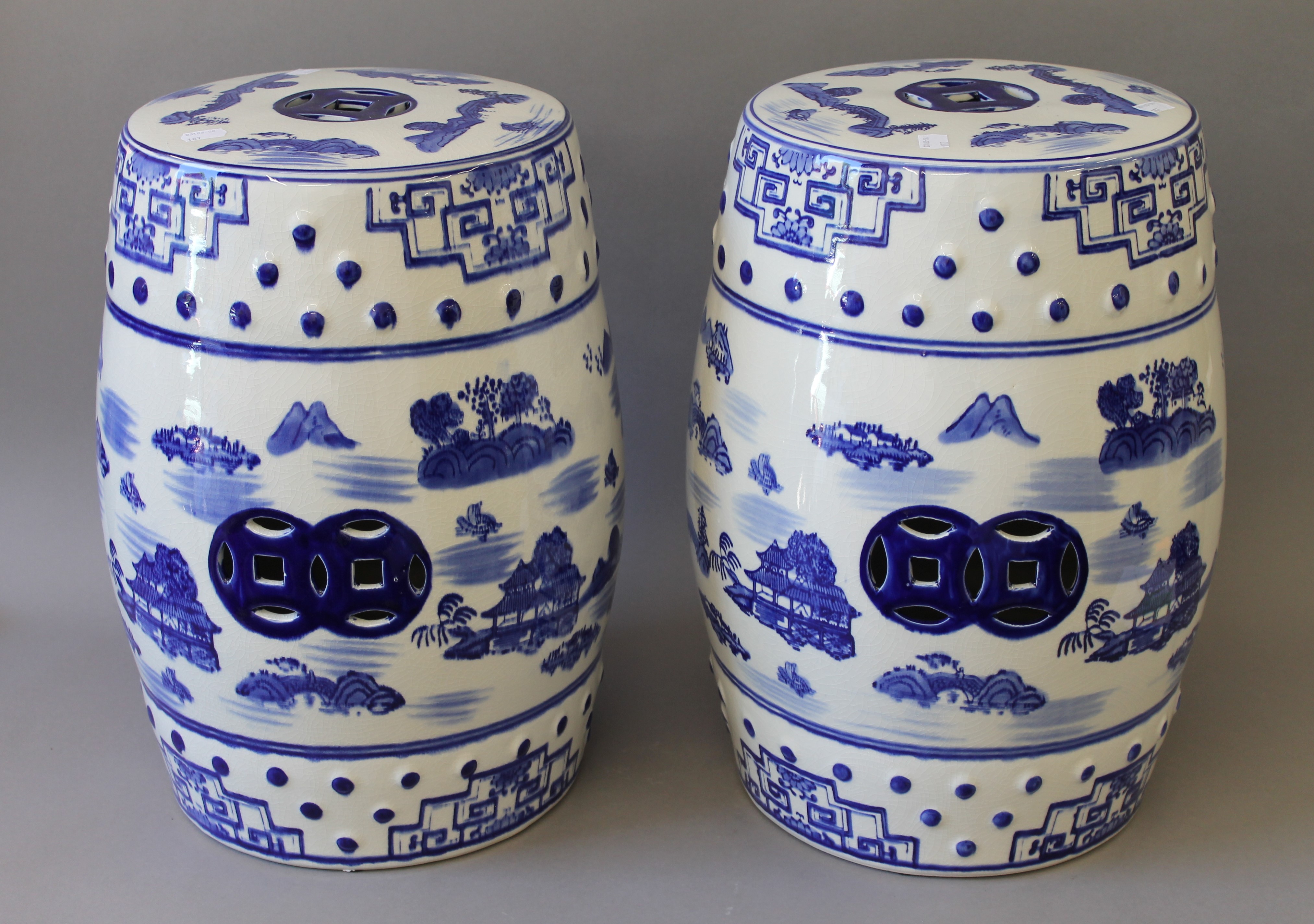 A pair of blue and white porcelain barrel seats. 45 cm high.
