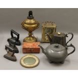 A quantity of miscellaneous items, including flat irons, silver plate, etc.
