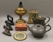 A quantity of miscellaneous items, including flat irons, silver plate, etc.