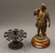 A spelter figure and a stamp holder. The former 33.5 cm high.