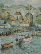 CHARLES MACKENZIE, Boats Before a Bridge, oil on board, signed, framed. 45 x 59 cm.