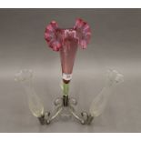 A cranberry and clear glass epergne. 31.5 cm high.