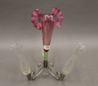 A cranberry and clear glass epergne. 31.5 cm high.