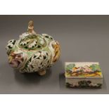 A Capodimonte style lidded vase and a similar box. The former 20 cm high.