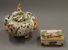 A Capodimonte style lidded vase and a similar box. The former 20 cm high.