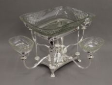 A silver plated and cut glass centrepiece. 56 cm wide.