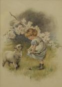 Young Girl Feeding a Lamb, watercolour, signed with initials A.