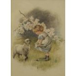 Young Girl Feeding a Lamb, watercolour, signed with initials A.