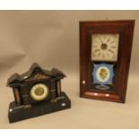 A 19th century mahogany wall clock and a Victorian black slate mantel clock. The latter 44 cm wide.