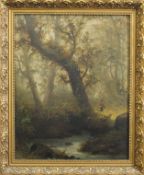 GEORGE FIELDING, Figure on a Woodland Path, oil on canvas, signed, framed. 39 x 49.5 cm.