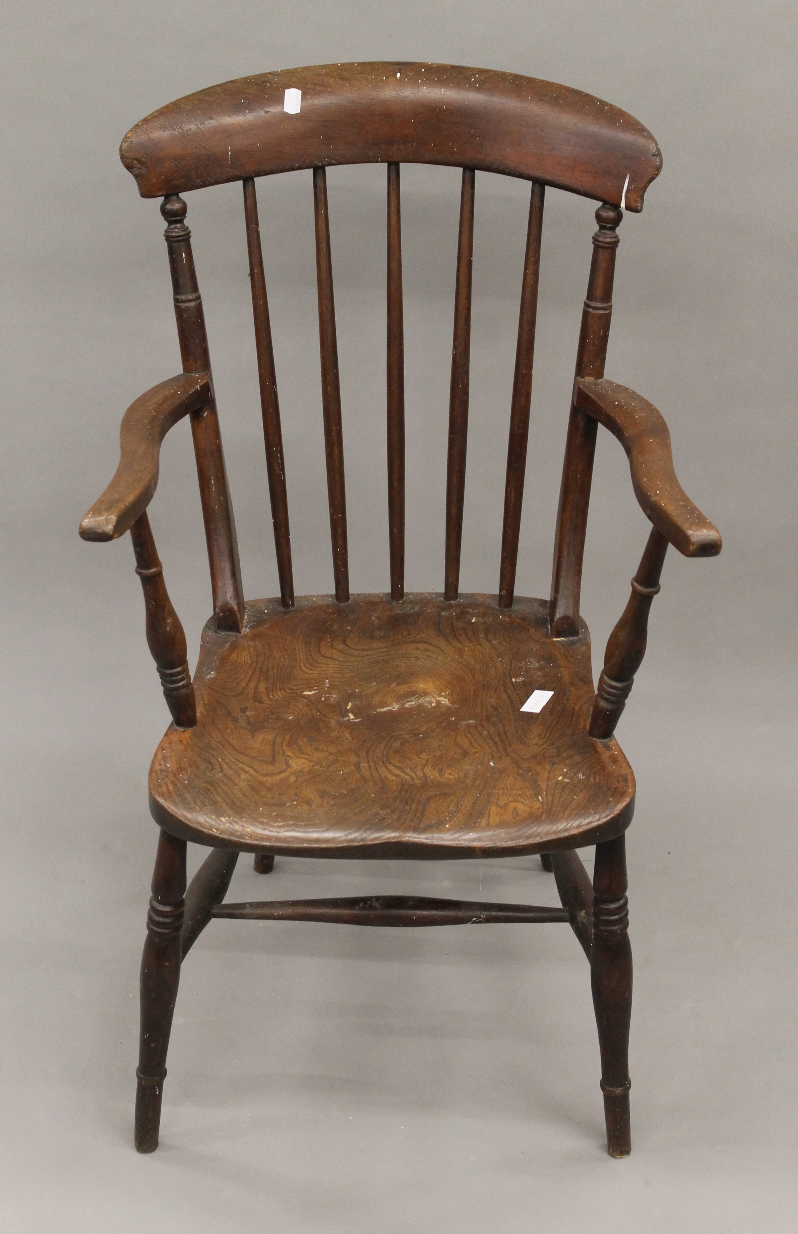 A Victorian elm seated stick back armchair and another. - Image 8 of 11