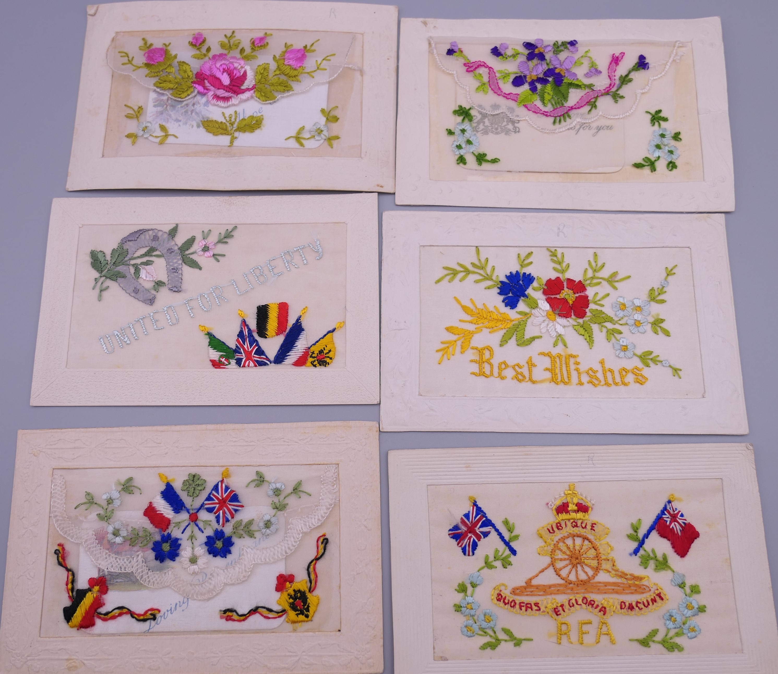 Seventeen World War I embroidered silk postcards including some with note cards. - Image 9 of 26