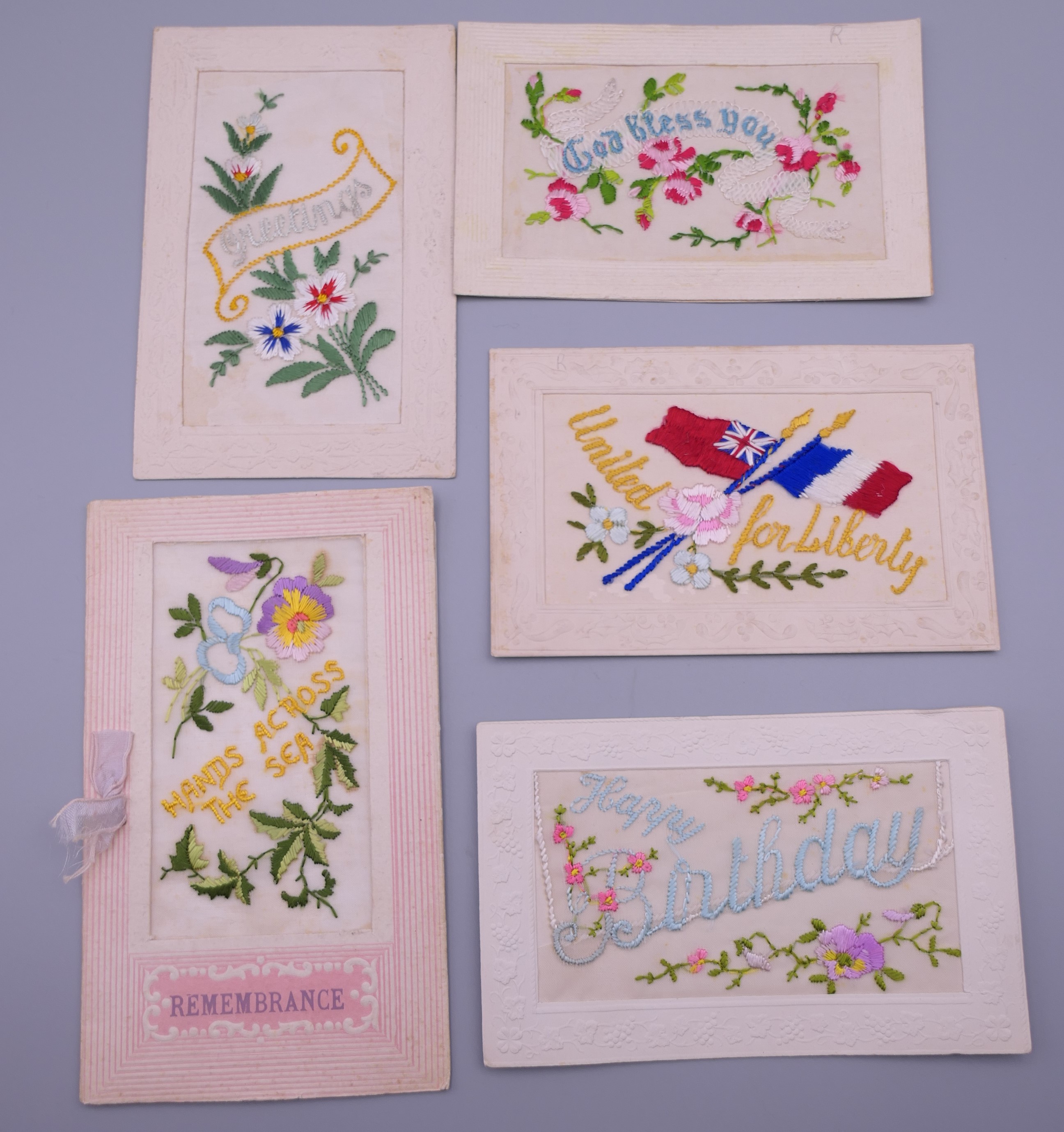 Seventeen World War I embroidered silk postcards including some with note cards. - Image 10 of 26