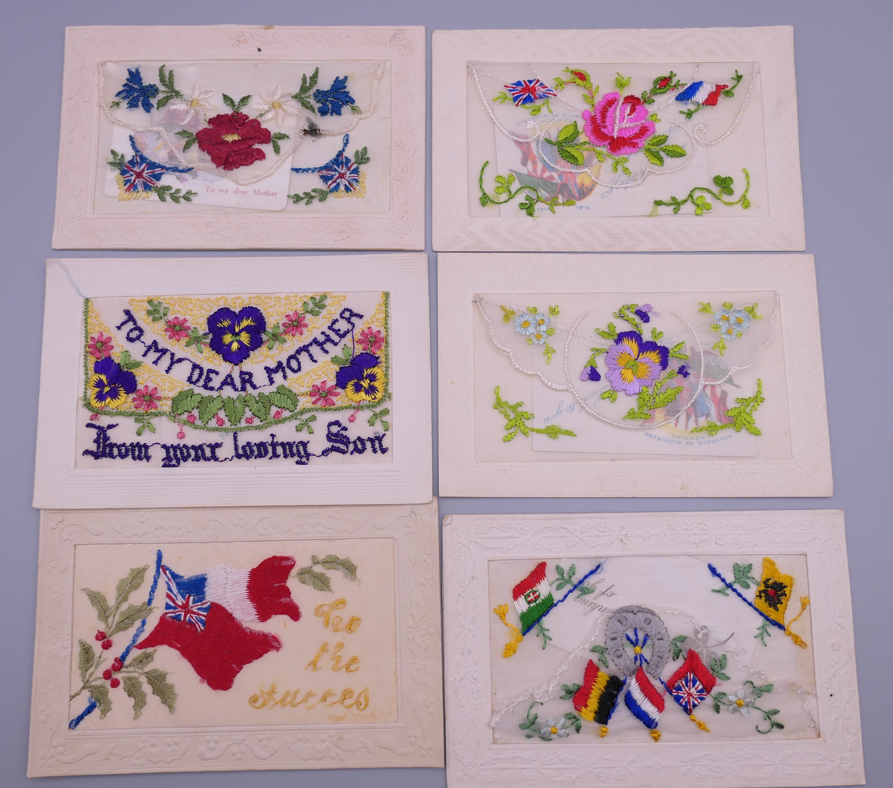 Seventeen World War I embroidered silk postcards including some with note cards. - Image 8 of 26