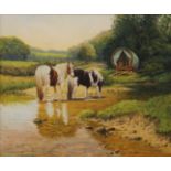 FRANK WRIGHT (1928-2016), Gypsy Wagon and Horses, oil on canvas, signed, framed. 60.5 x 50.5 cm.